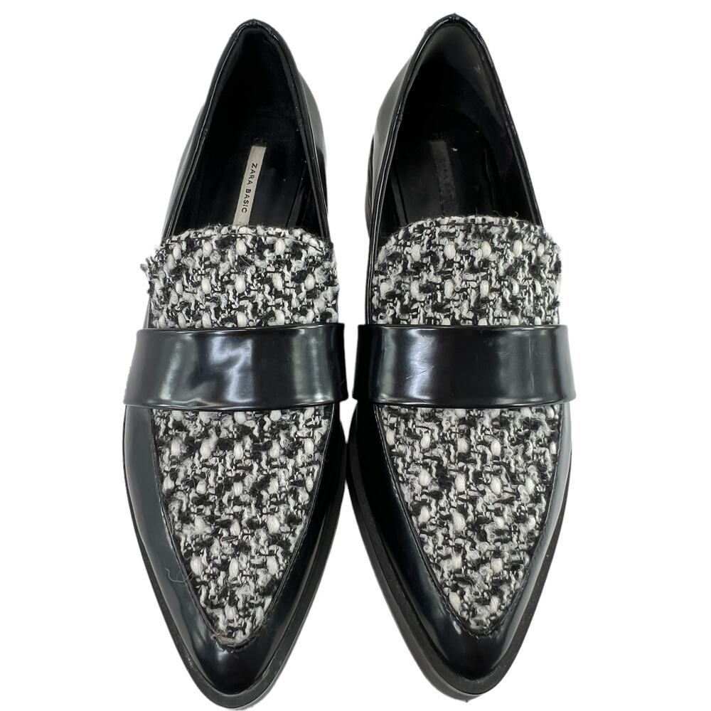 Zara Tweed Loafers Black 6‎ Vegan Patent Leather Pointed Toe Mixed Fabric Shoes
